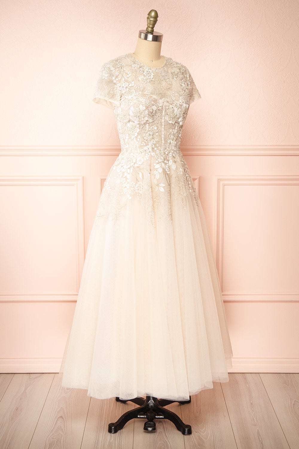 Hagalia Embroidered Beige Bridal Midi Dress | Boudoir 1861 side view