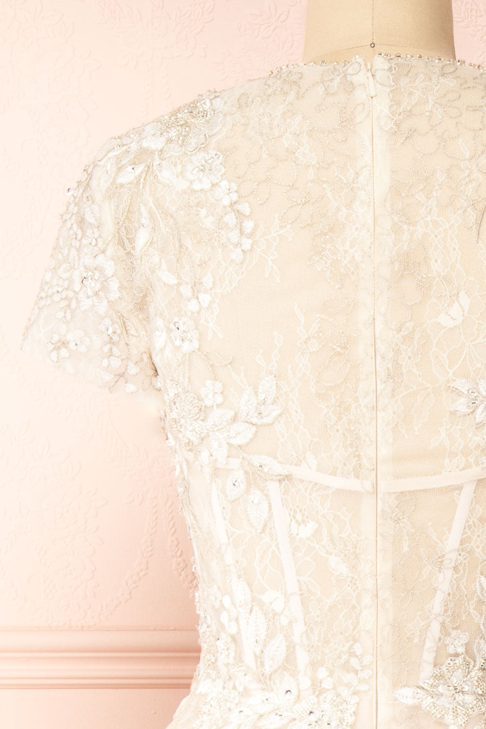 Hagalia Embroidered Beige Bridal Midi Dress | Boudoir 1861 back close-up