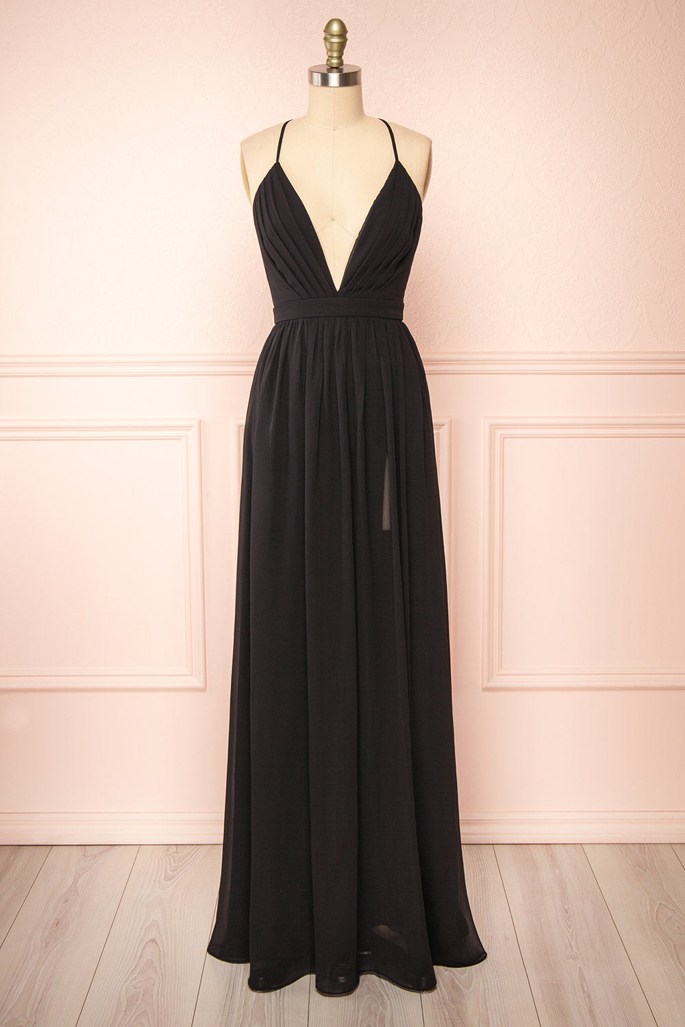 Haley Black Chiffon Gown with Plunging Neckline | Boutique 1861 front view