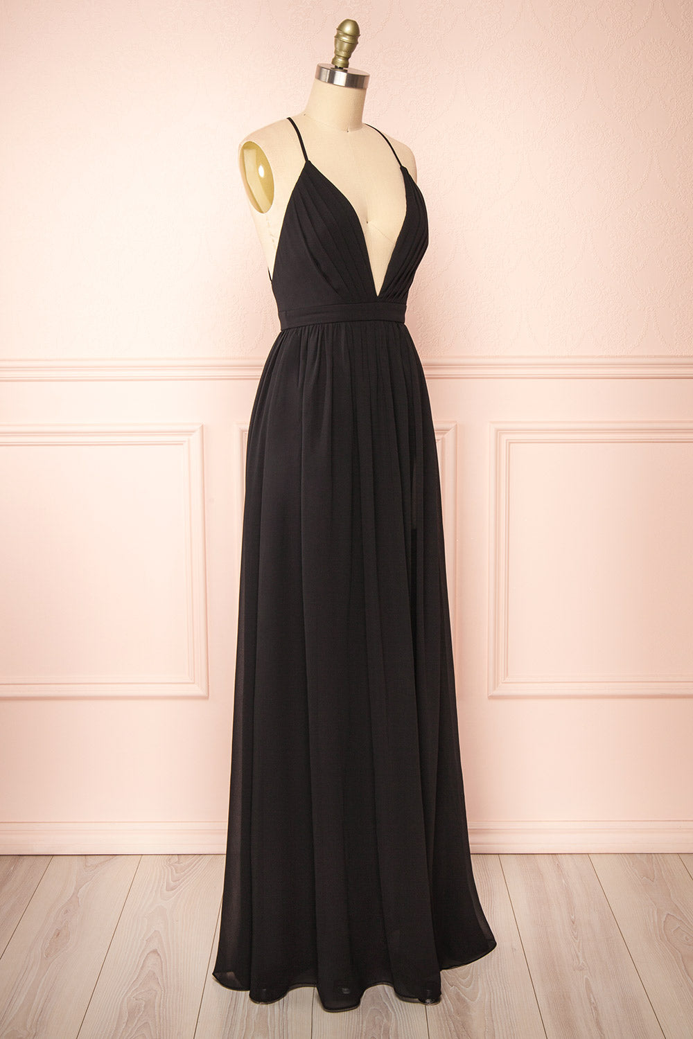 Haley Black Chiffon Gown with Plunging Neckline | Boutique 1861 side view
