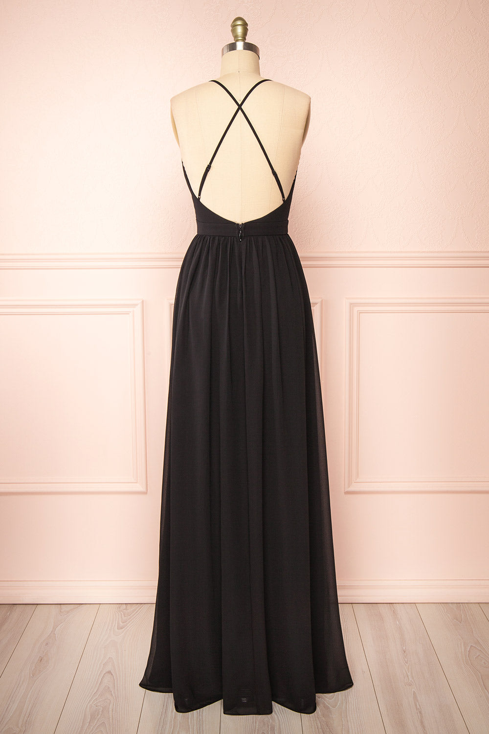  Haley Black Chiffon Gown with Plunging Neckline | Boutique 1861 back view