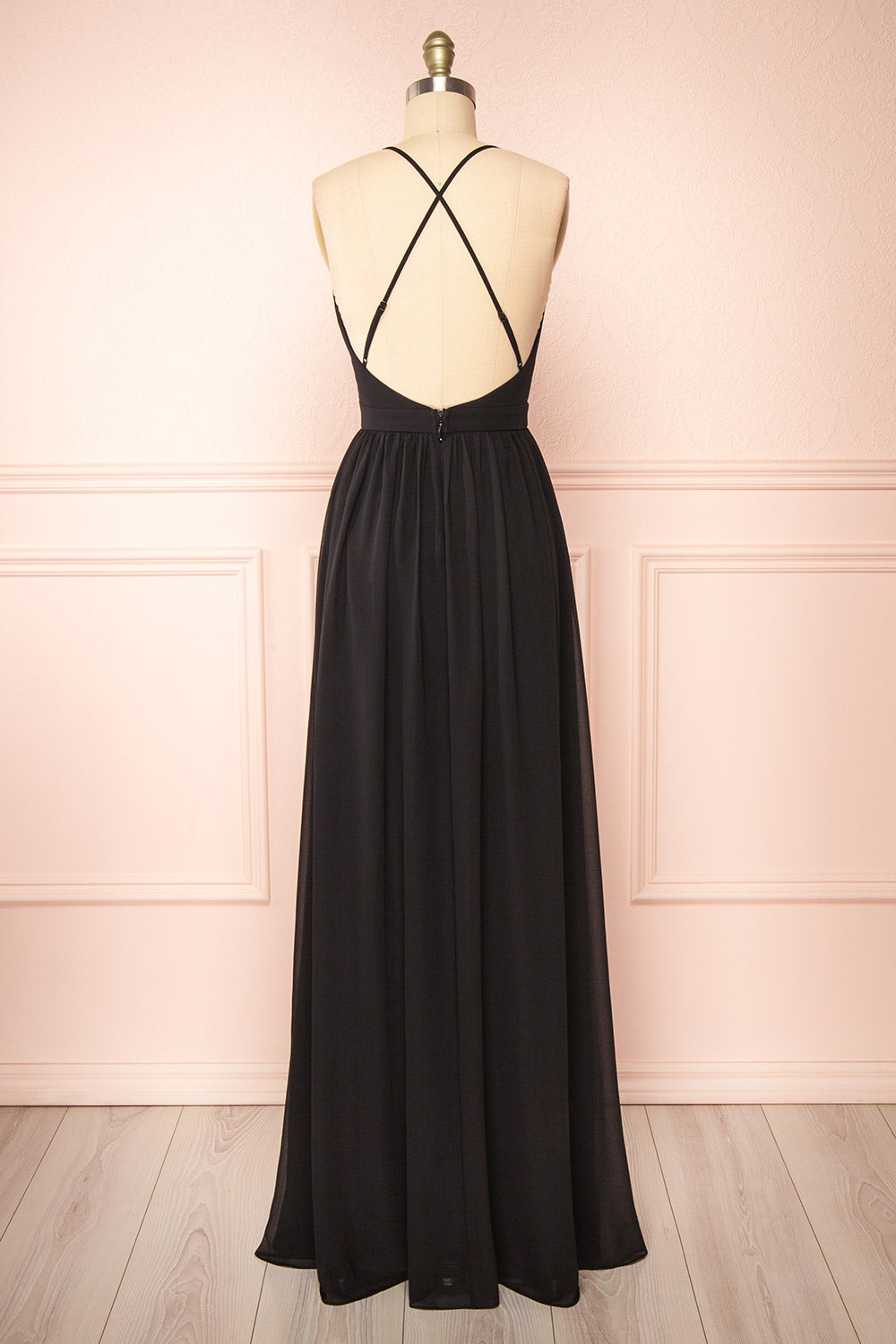 Haley Black Chiffon Gown with Plunging Neckline | Boutique 1861 back view