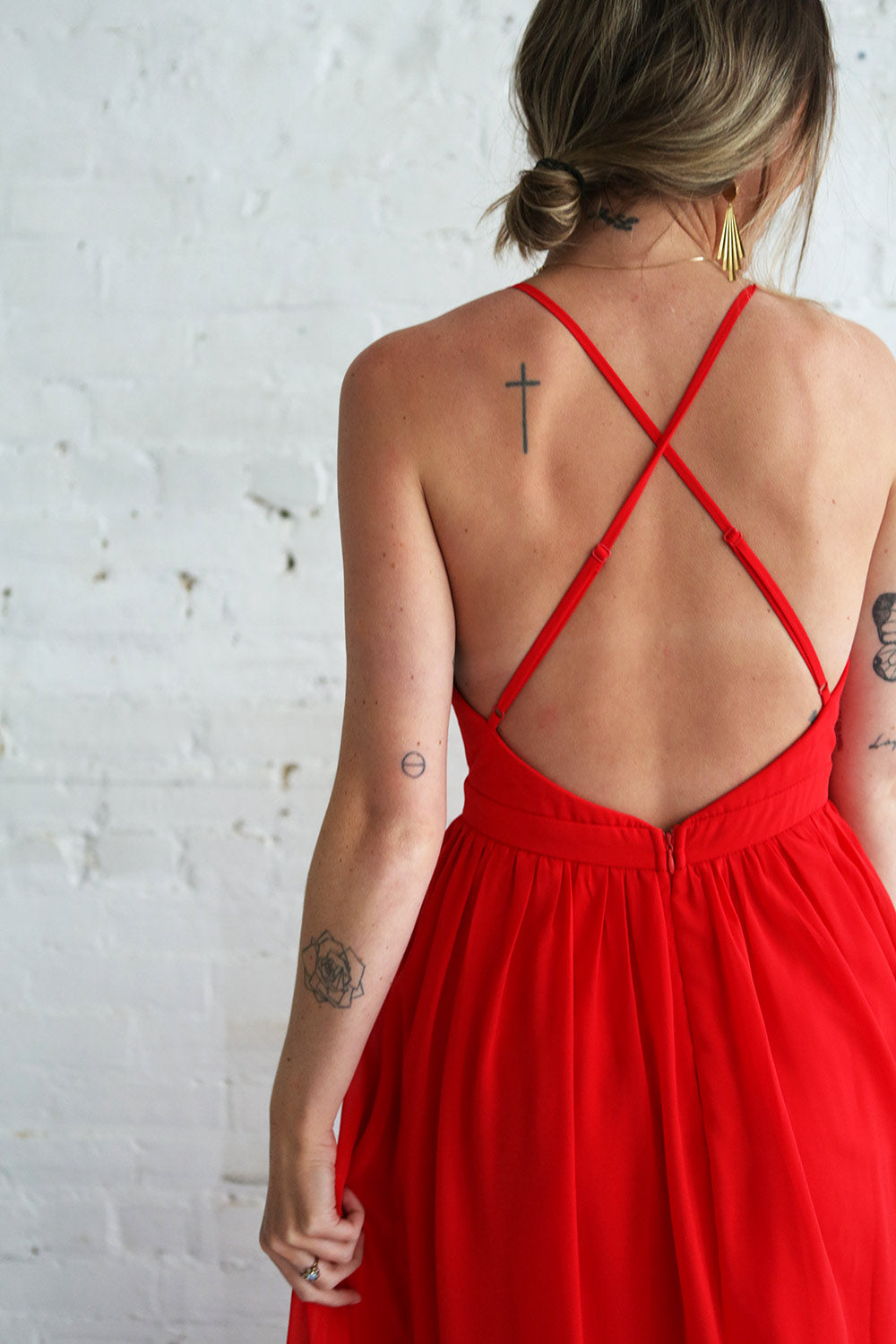 Haley Passion Red Chiffon Gown | Boutique 1861 on model