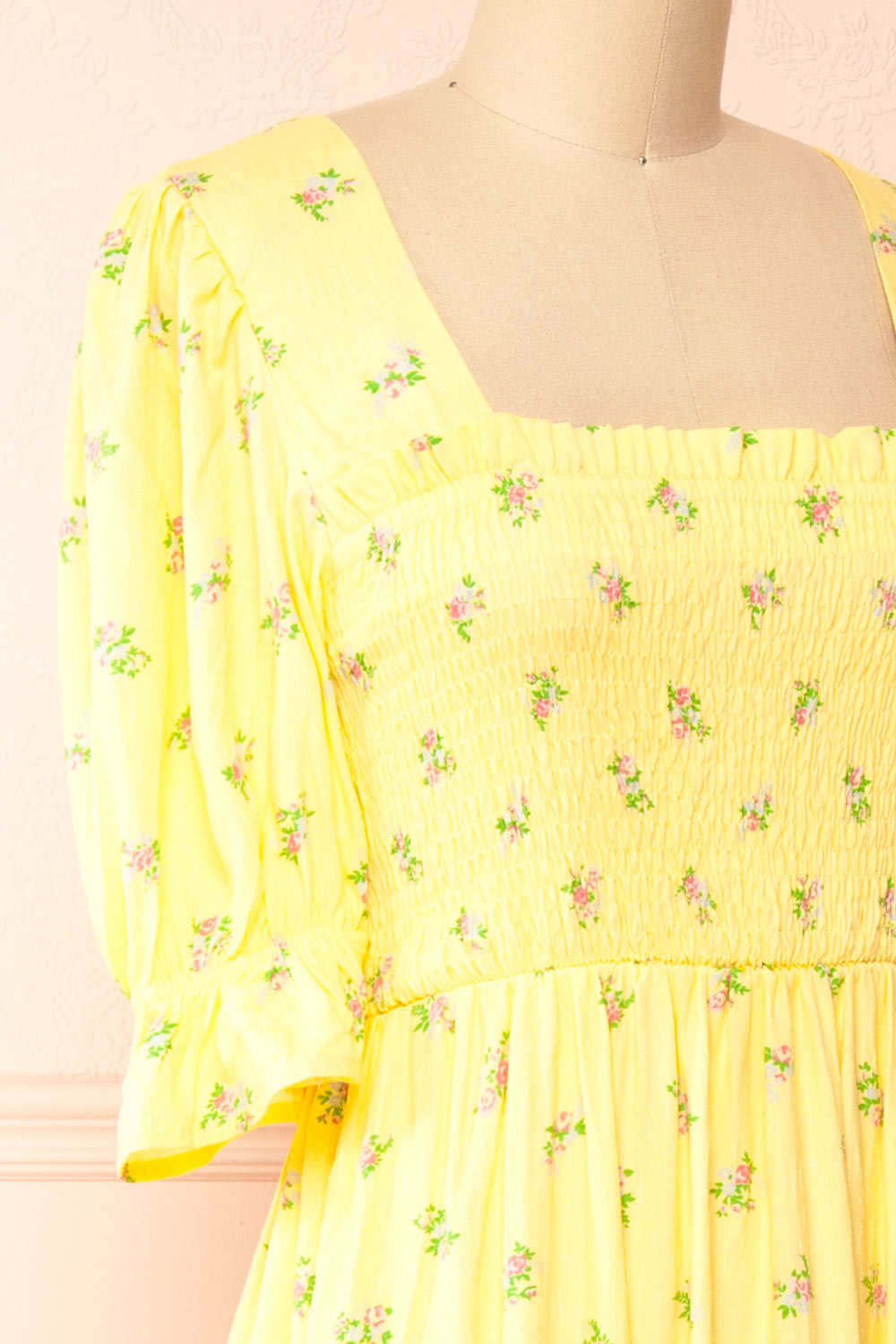 Hapi Yellow Floral Midi Dress | Boutique 1861 side close-up