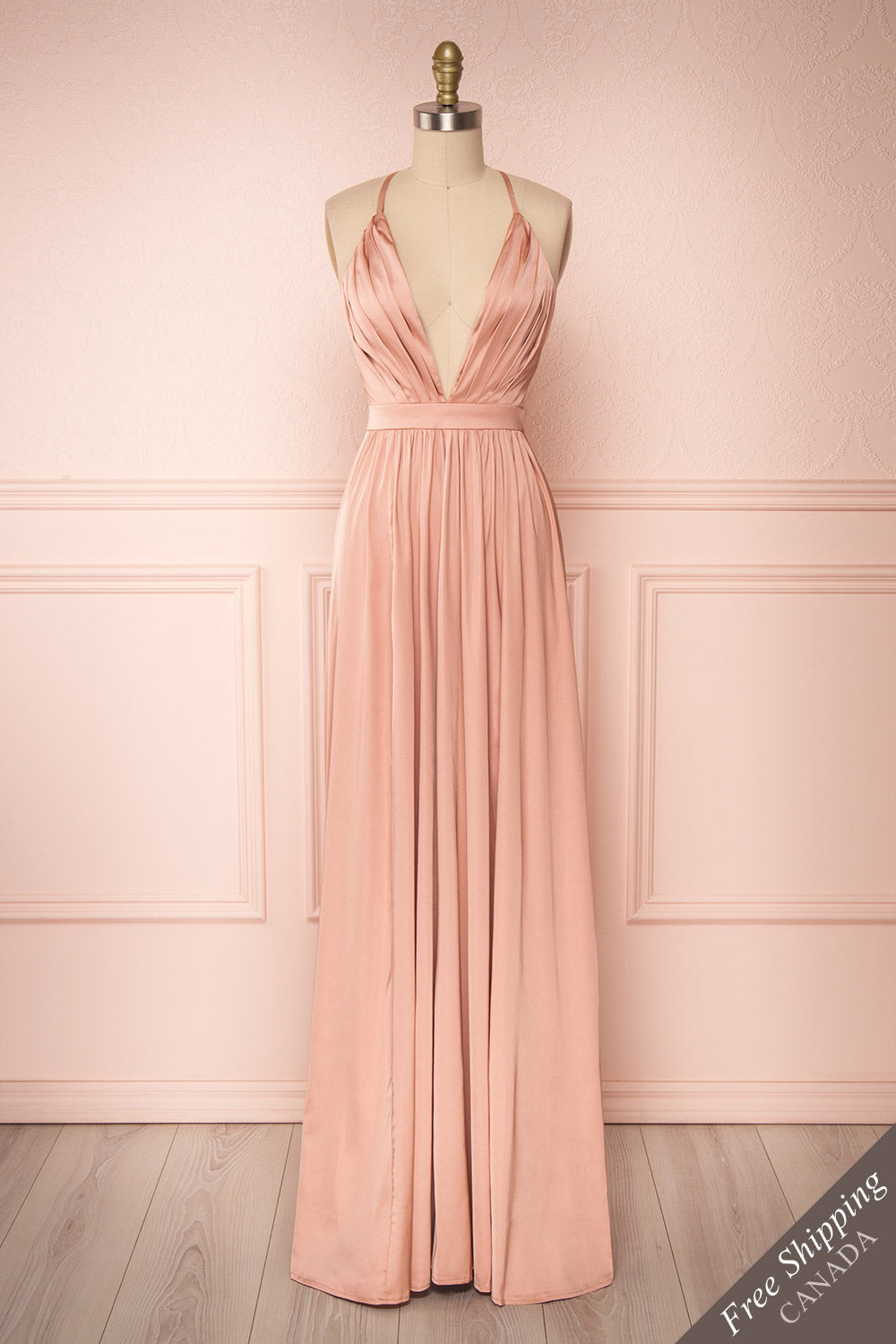 Harini Blush Pink Silky Gown with Plunging Neckline | FRONT VIEW | Boutique 1861