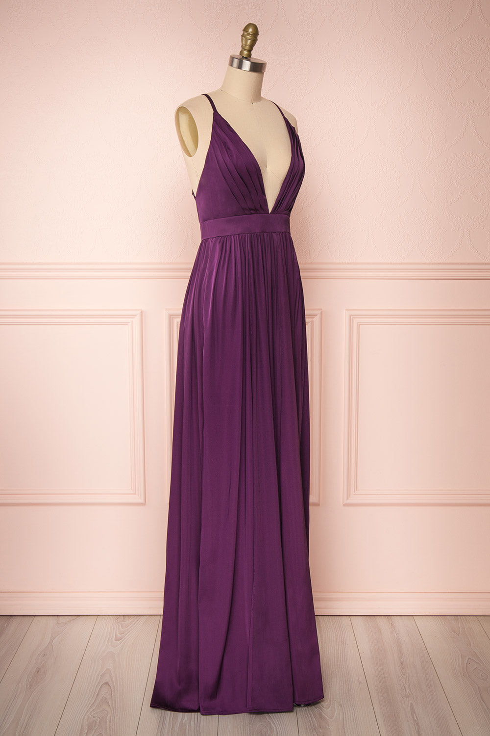 Harini Eggplant Purple Silky Gown w Plunging Neckline | SIDE VIEW | Boutique 1861