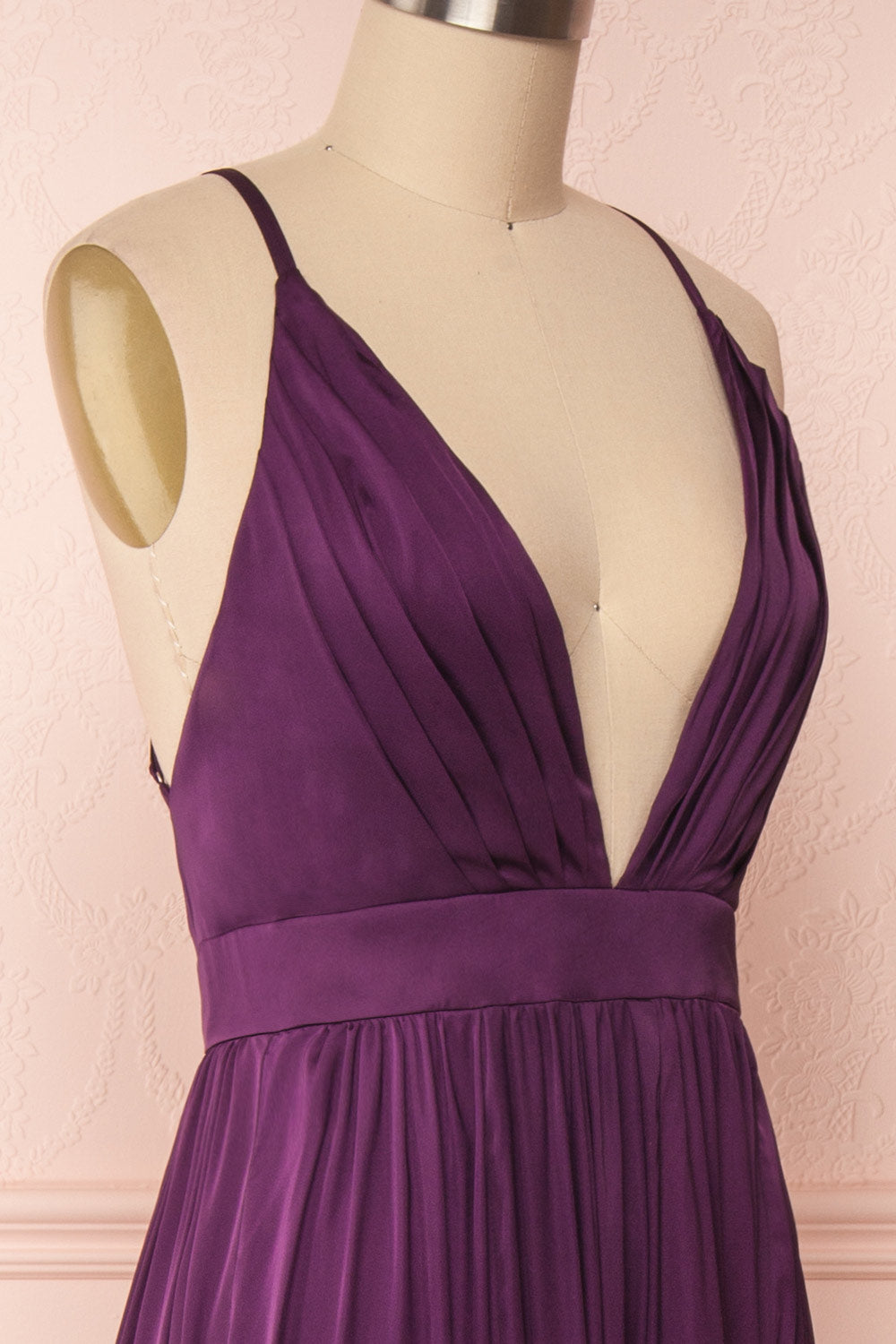 Harini Eggplant Purple Silky Gown w Plunging Neckline | SIDE CLOSE UP | Boutique 1861