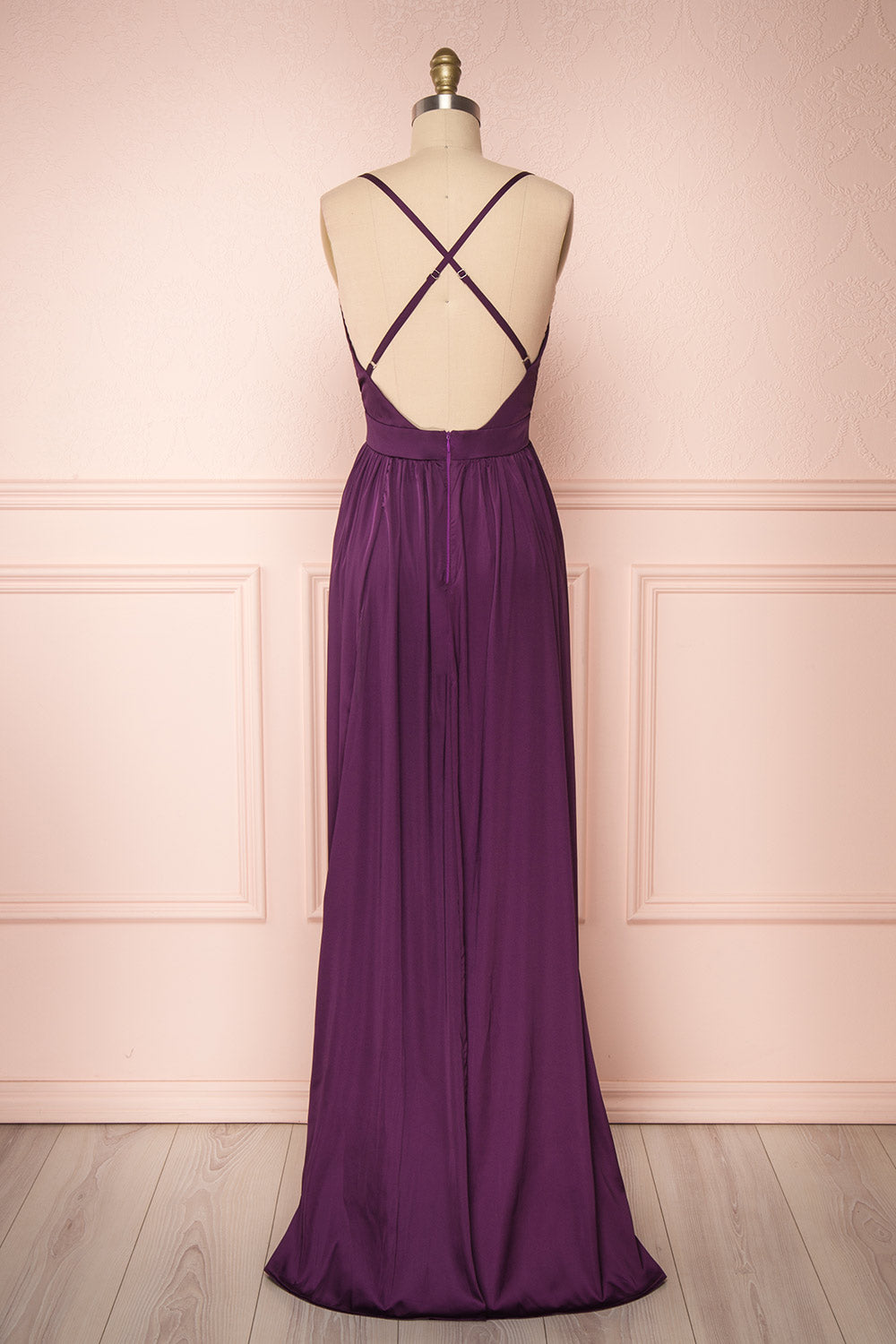 Harini Eggplant Purple Silky Gown w Plunging Neckline | BACK VIEW | Boutique 1861