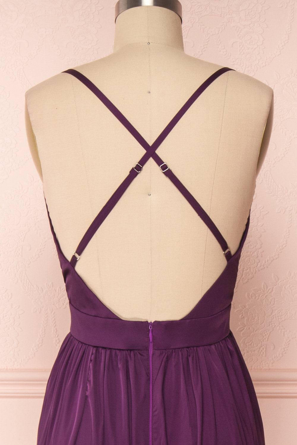 Harini Eggplant Purple Silky Gown w Plunging Neckline | BACK CLOSE UP | Boutique 1861