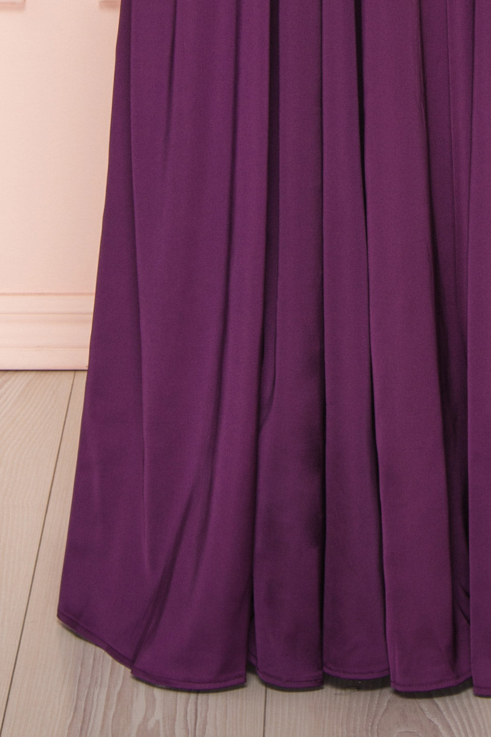 Harini Eggplant Purple Silky Gown w Plunging Neckline | BOTTOM CLOSE UP | Boutique 1861