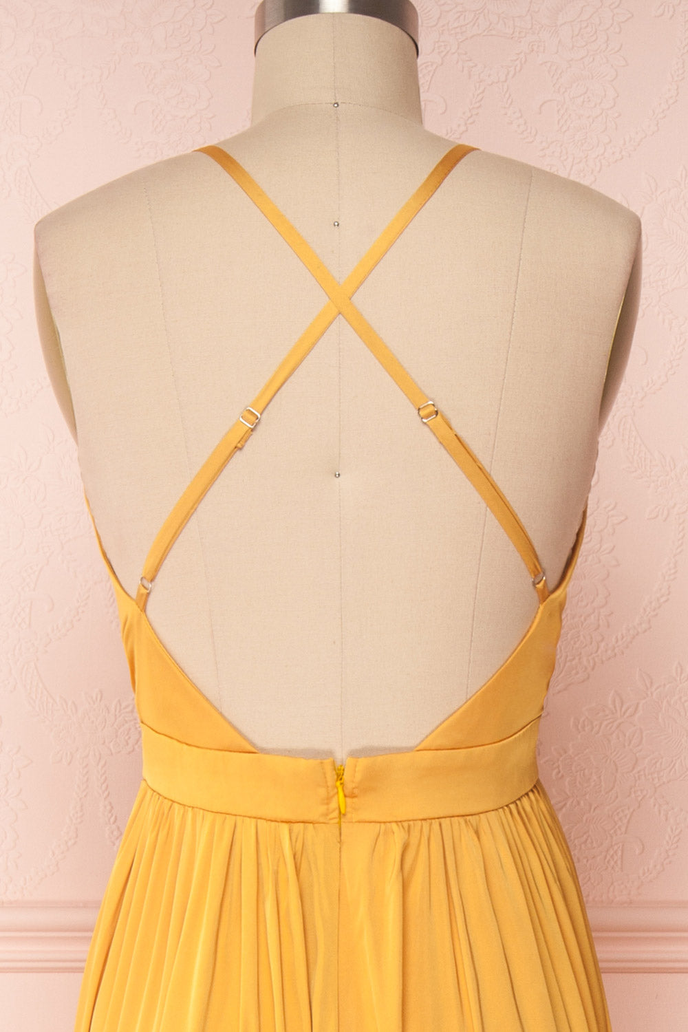 Harini Mustard Yellow Silky Gown w Plunging Neckline | BACK CLOSE UP | Boutique 1861