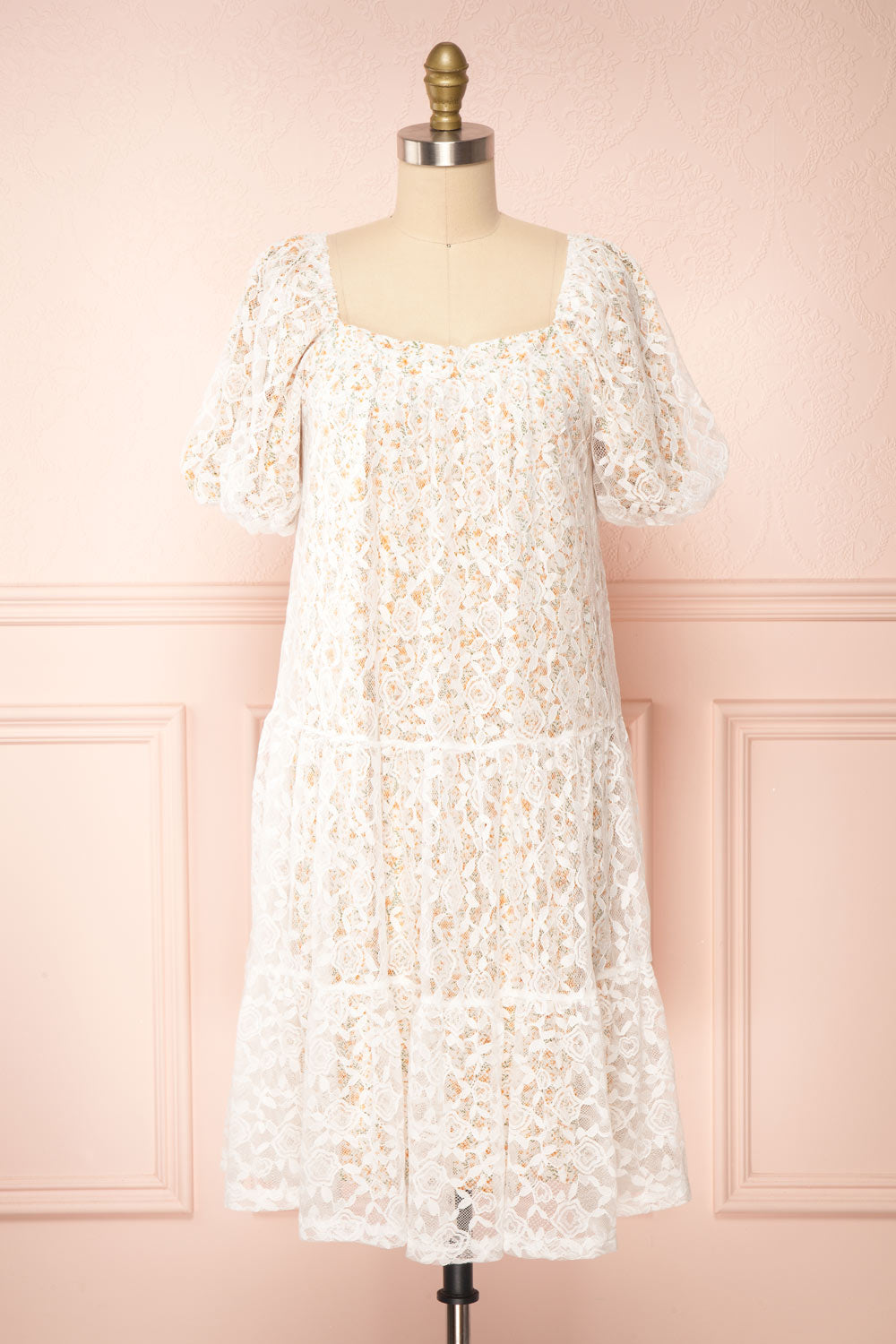 Harmaunie Lace Floral Midi Dress W/ Balloon Sleeves