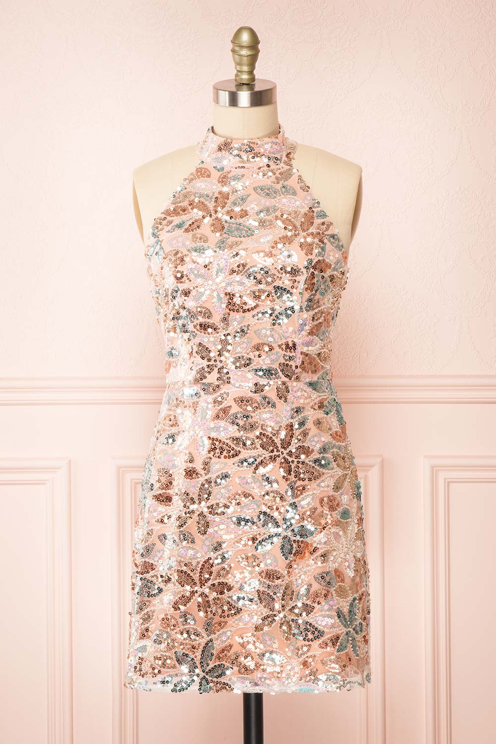 Gold Halter Dress Short Rose Gold Sequined Halter Neck Short Dress