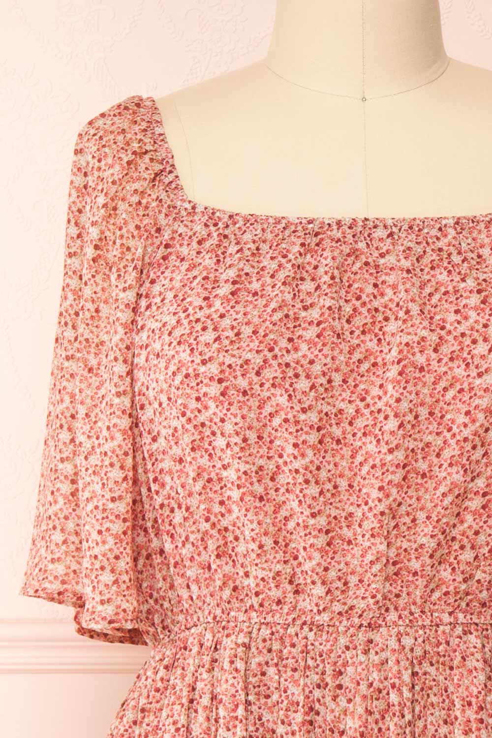 Hateya Short Sleeve Floral Midi Dress w/ Pleated Skirt | Boutique 1861 front close-up