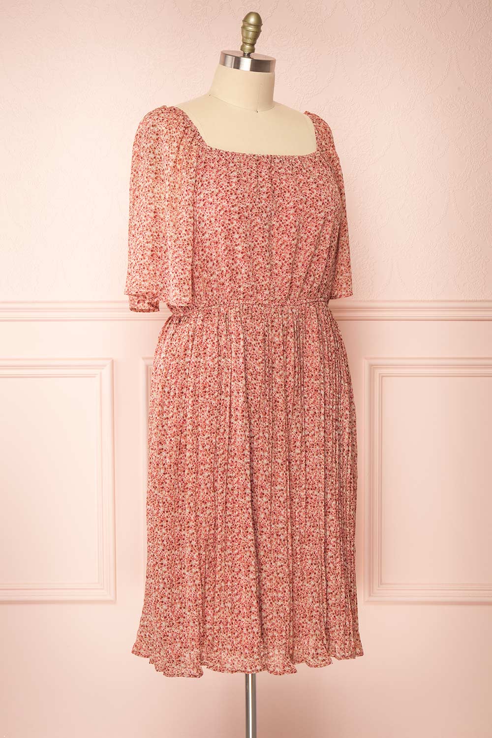 Hateya Short Sleeve Floral Midi Dress w/ Pleated Skirt | Boutique 1861 side view