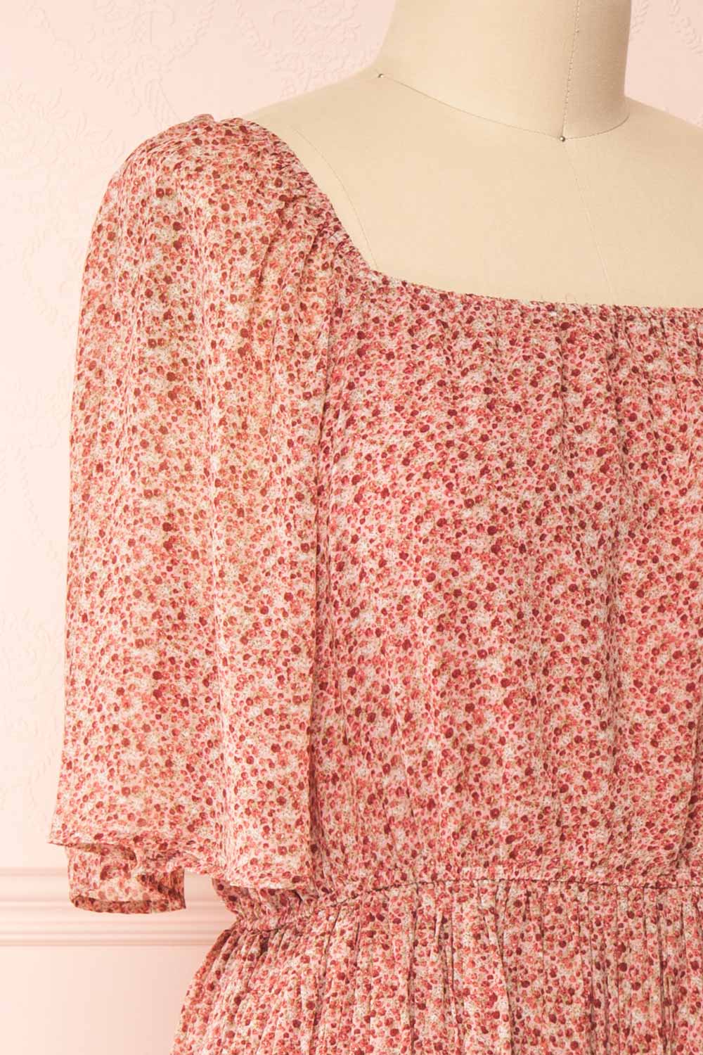 Hateya Short Sleeve Floral Midi Dress w/ Pleated Skirt | Boutique 1861 side close-up