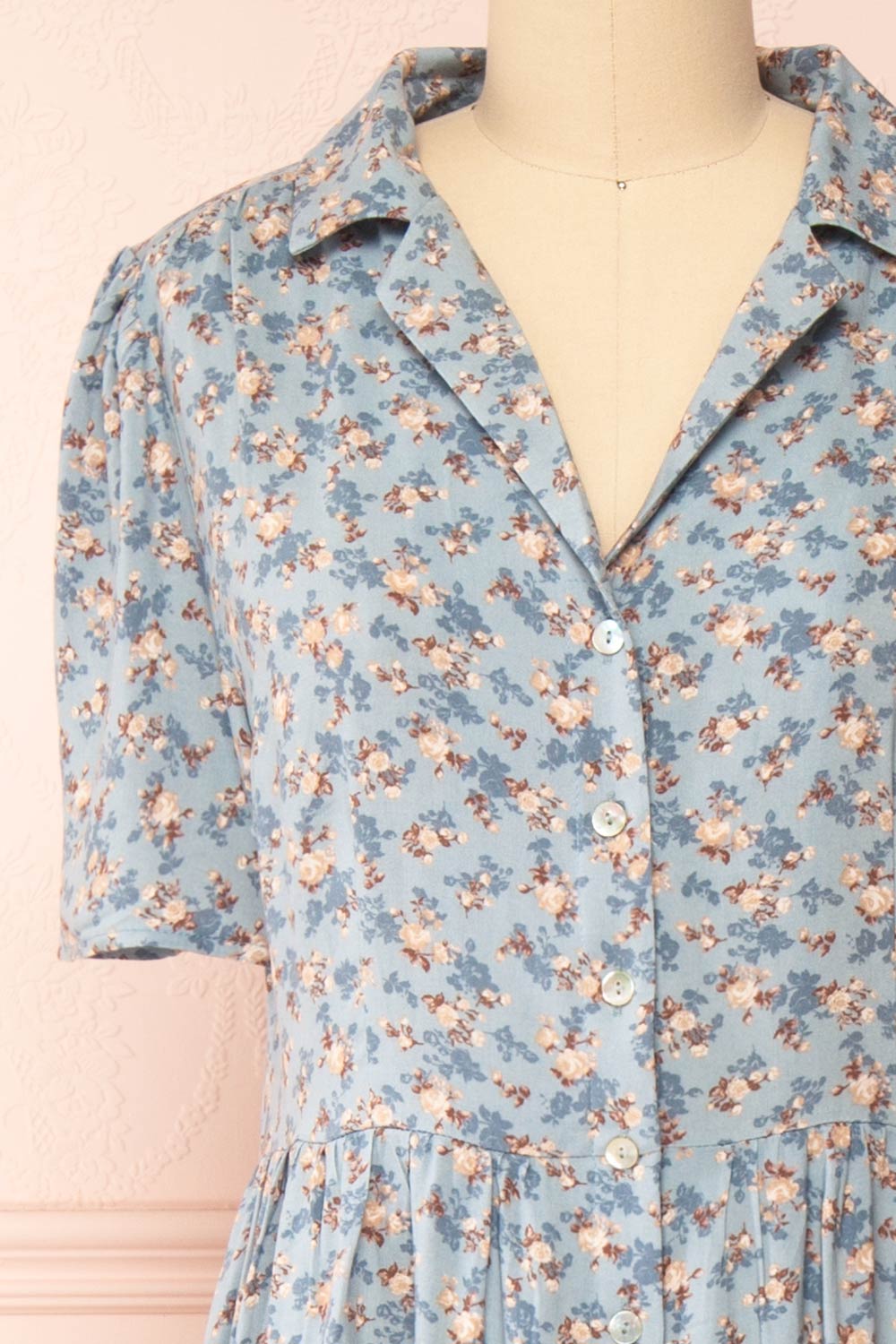 Hayal Blue Buttoned Floral Midi Shirt Dress | Boutique 1861 front close-up