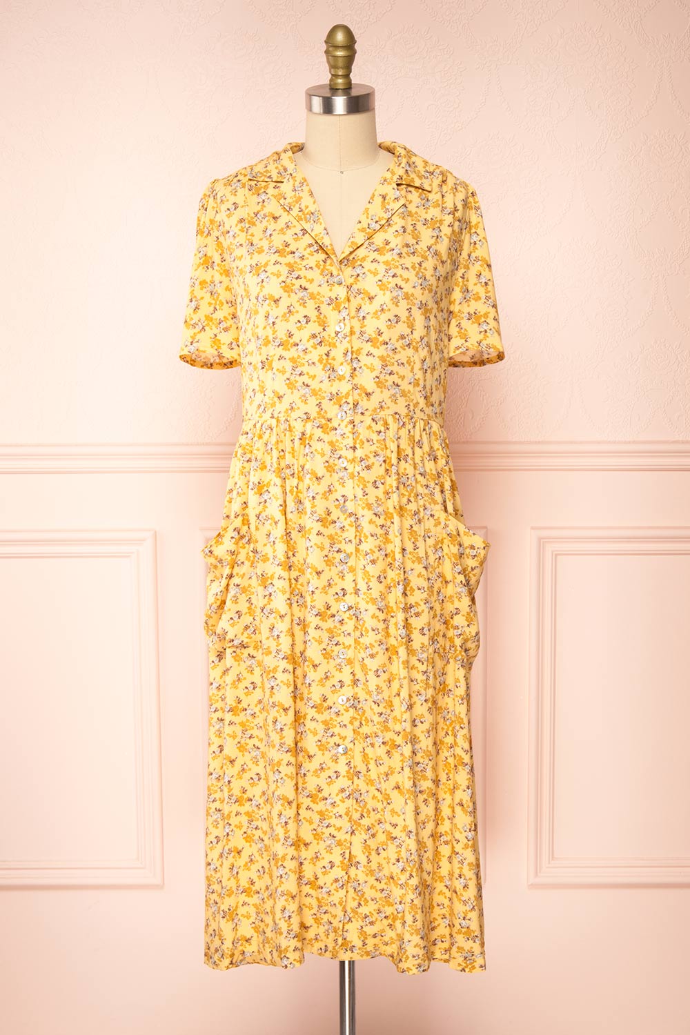 Hayal Yellow Buttoned Floral Midi Shirt Dress Boutique 1861