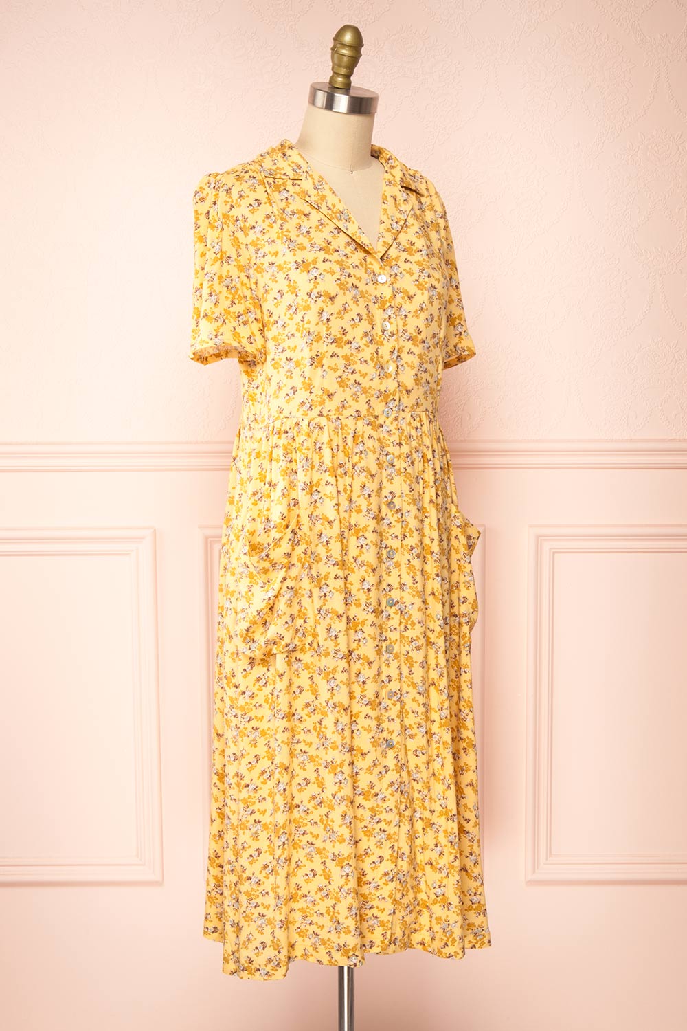 Hayal Yellow Buttoned Floral Midi Shirt Dress | Boutique 1861 side view