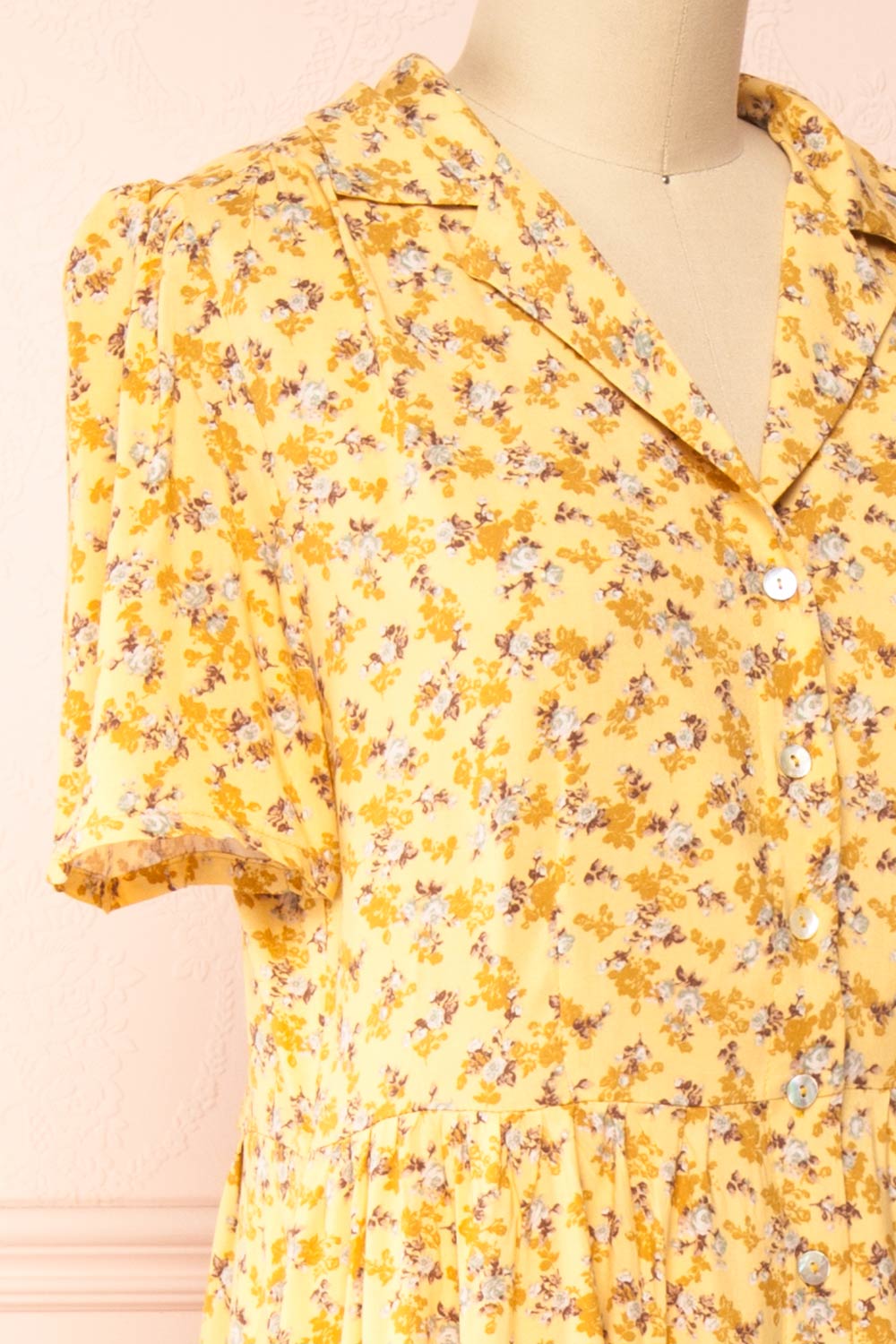 Hayal Yellow Buttoned Floral Midi Shirt Dress | Boutique 1861 side close-up