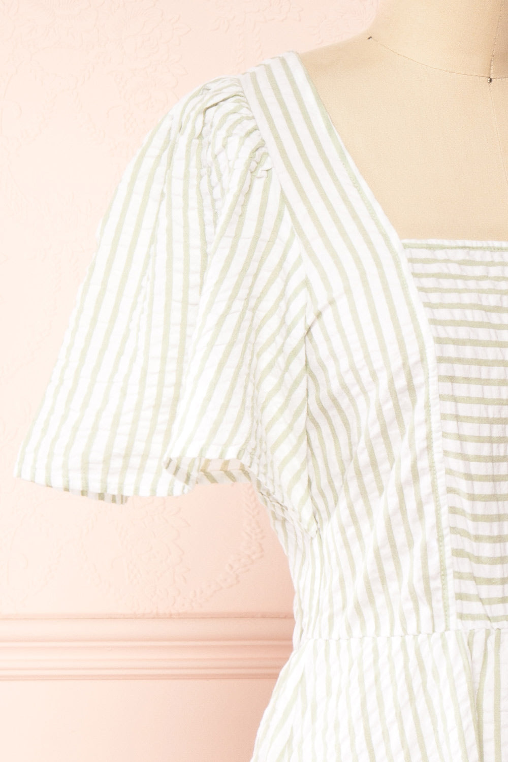 Heidi Sage Striped Midi Dress w/ Square Neckline | Boutique 1861 side close-up