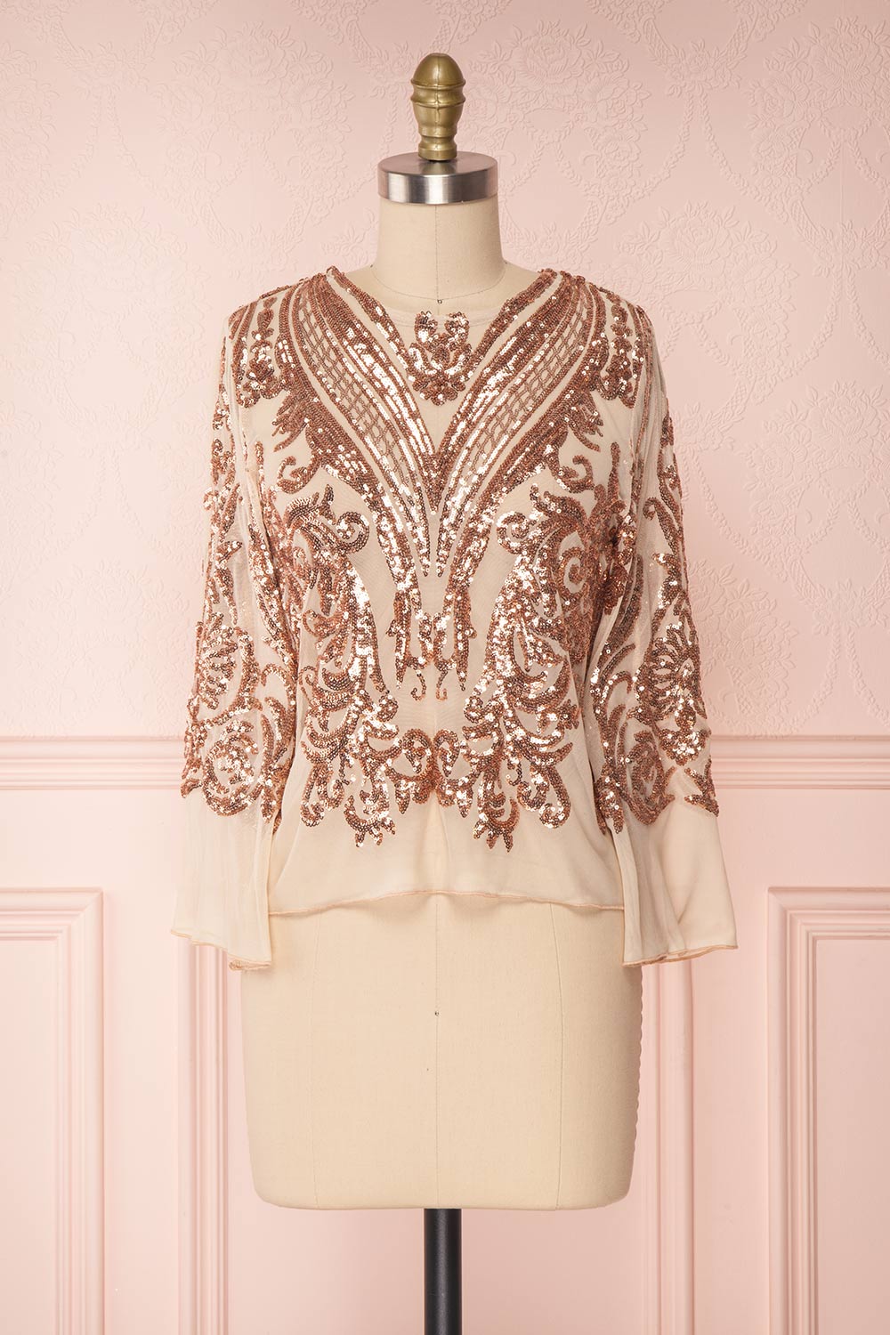Hekinan Rose Gold Sequined Mesh Top | Boudoir 1861 1