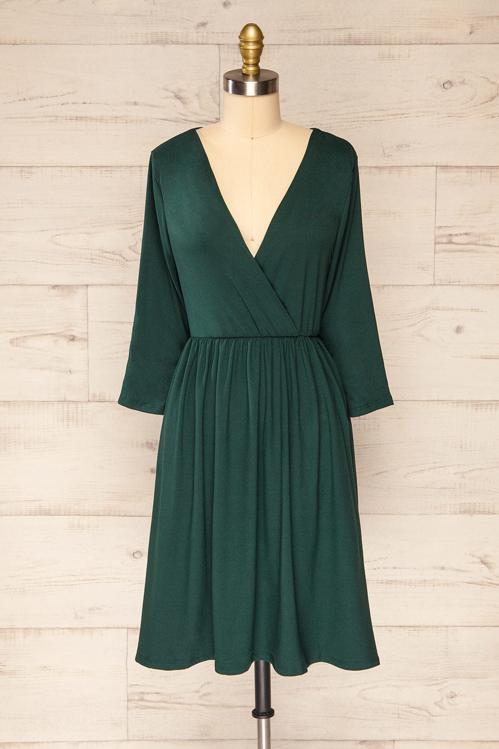 Hemili Forrest Green Wrap Neckline Short Dress | La petite garçonne front view