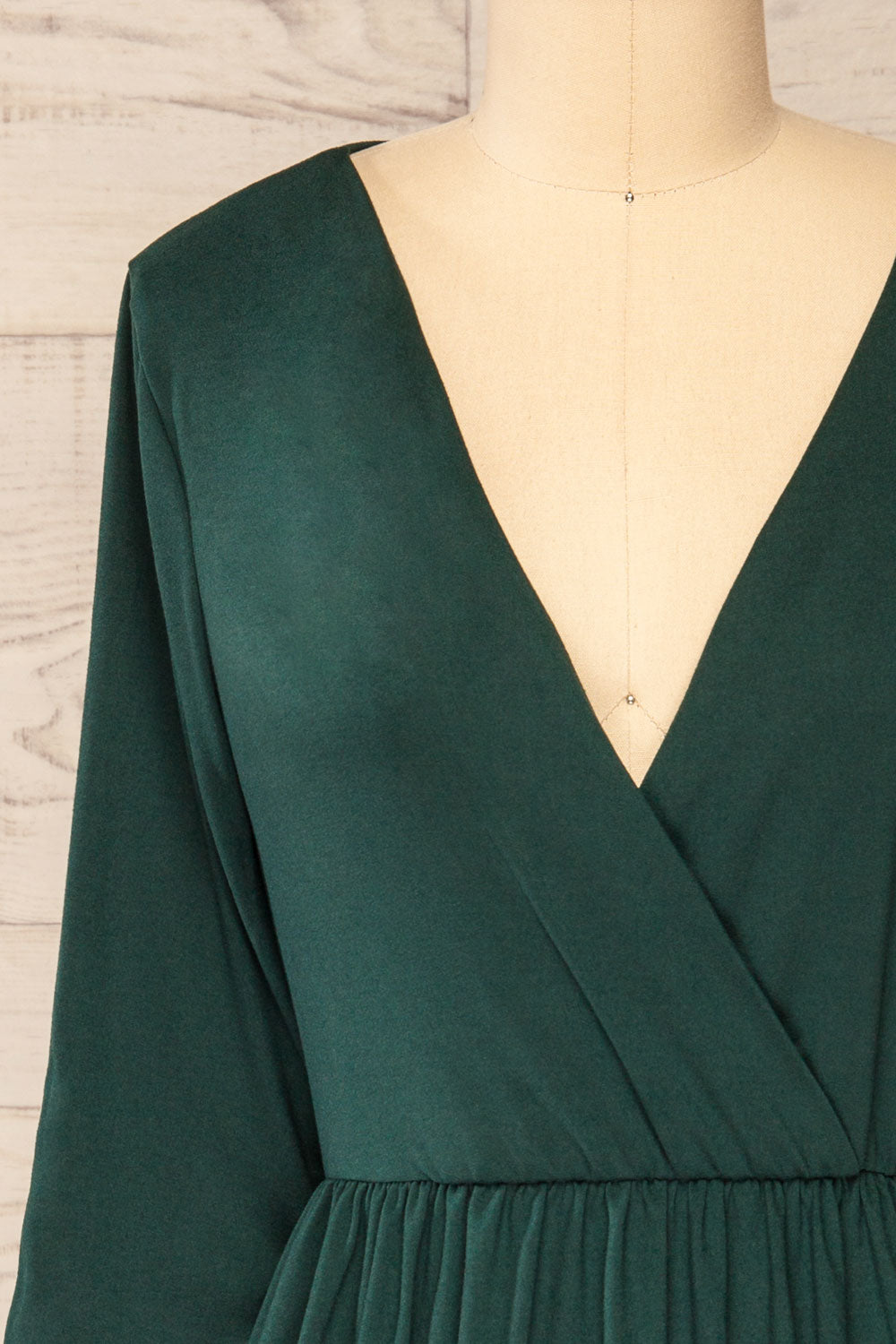 Hemili Forrest Green Wrap Neckline Short Dress | La petite garçonne front close-up