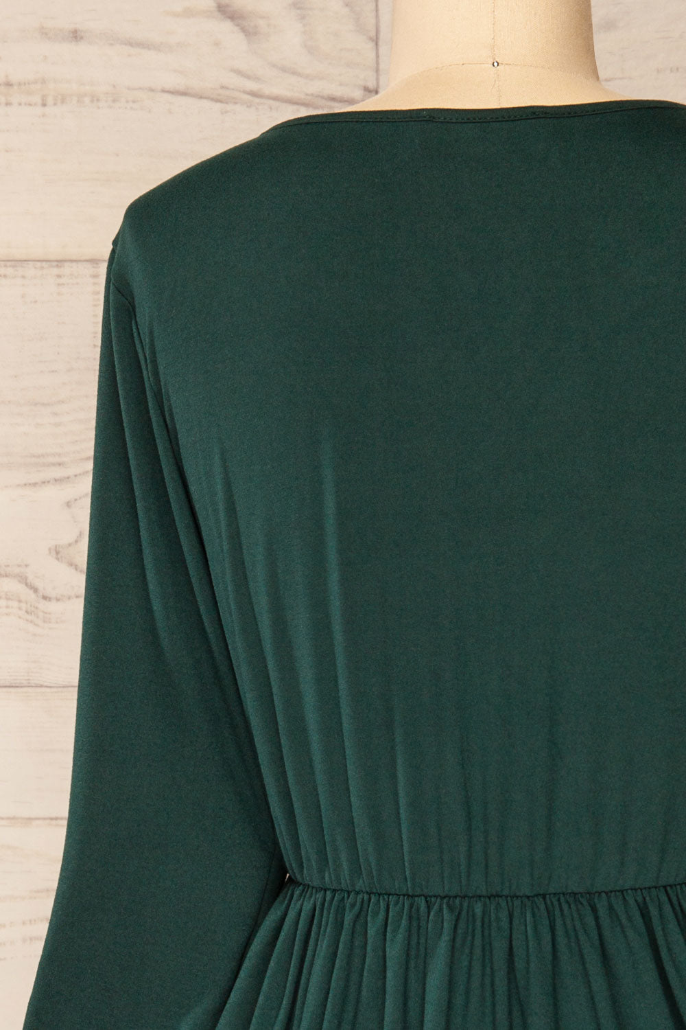 Hemili Forrest Green Wrap Neckline Short Dress | La petite garçonne back close-up