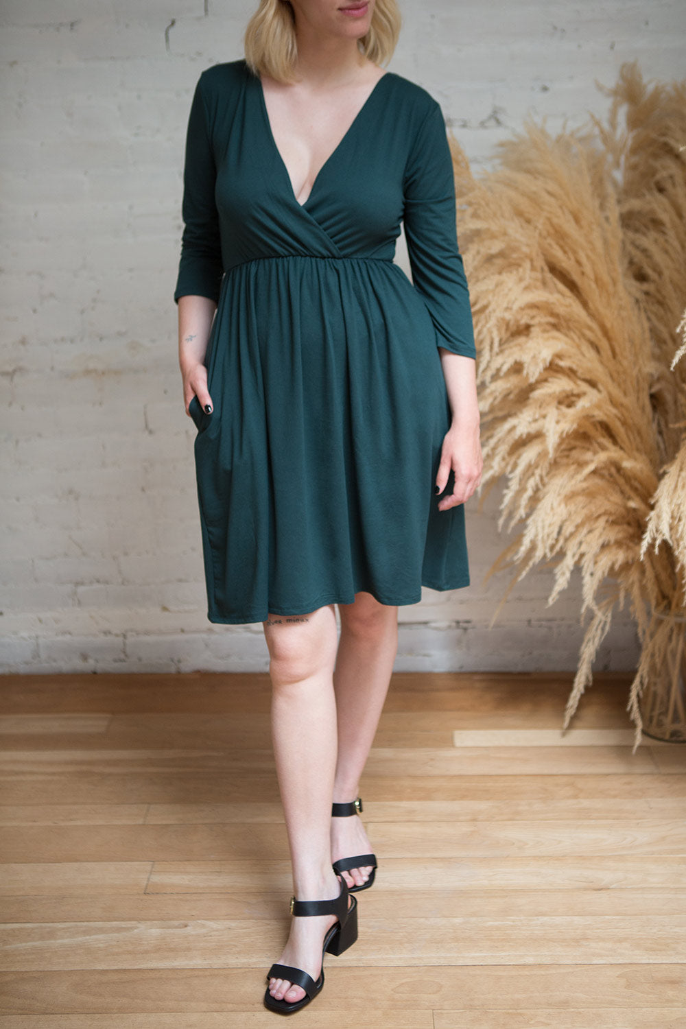 Hemili Forest Wrap Neckline Short Dress | La petite garçonne on model