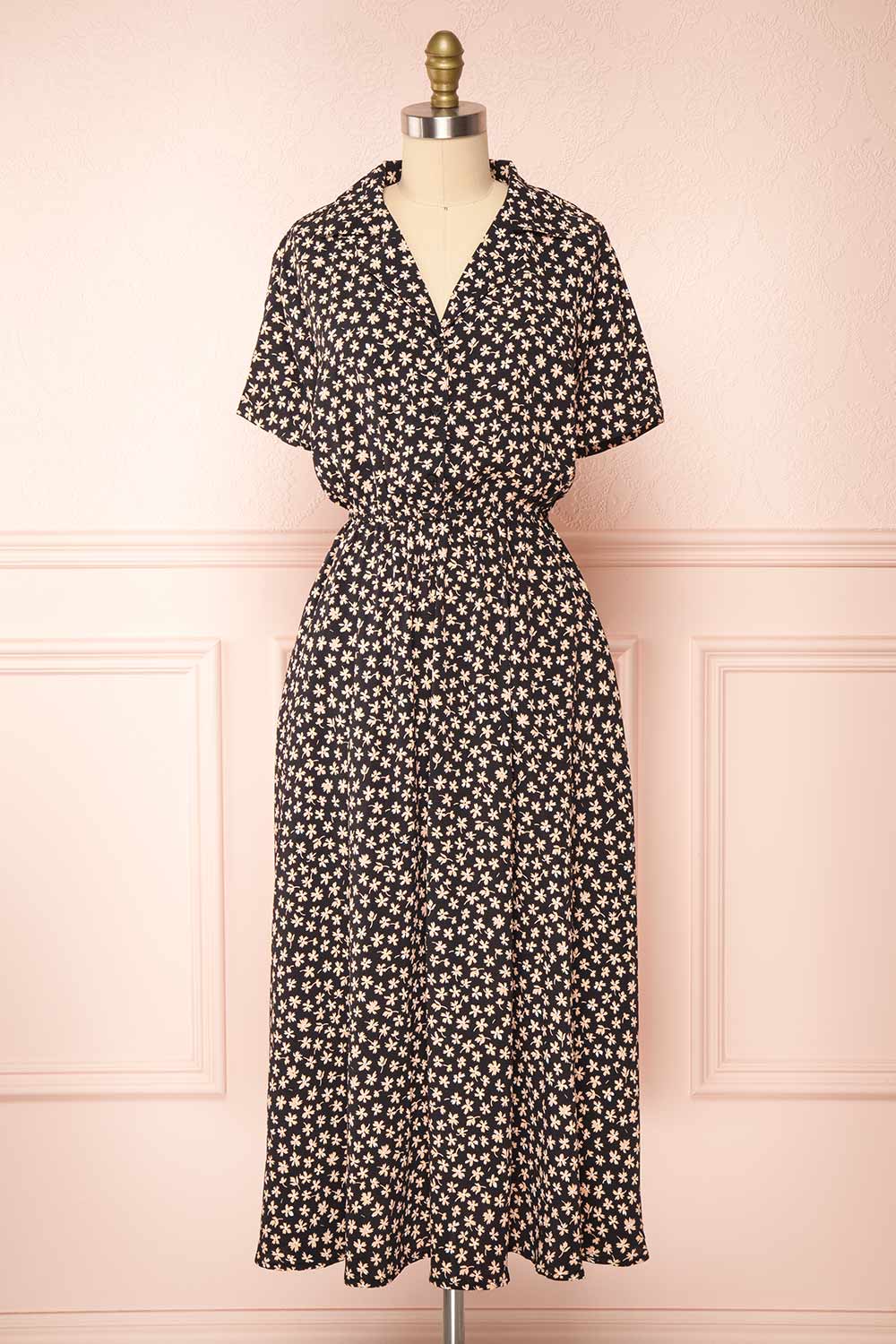 Hilda Black Short Sleeves Floral Dress With collar | Boutique 1861 front view