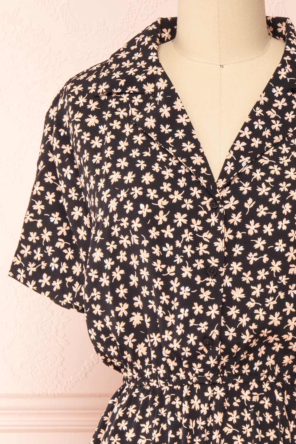 Hilda Black Short Sleeves Floral Dress With collar | Boutique 1861 front close-up