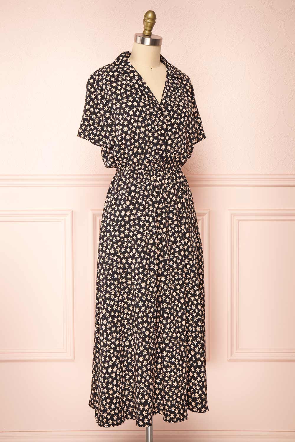 Hilda Black Short Sleeves Floral Dress With collar | Boutique 1861 side view