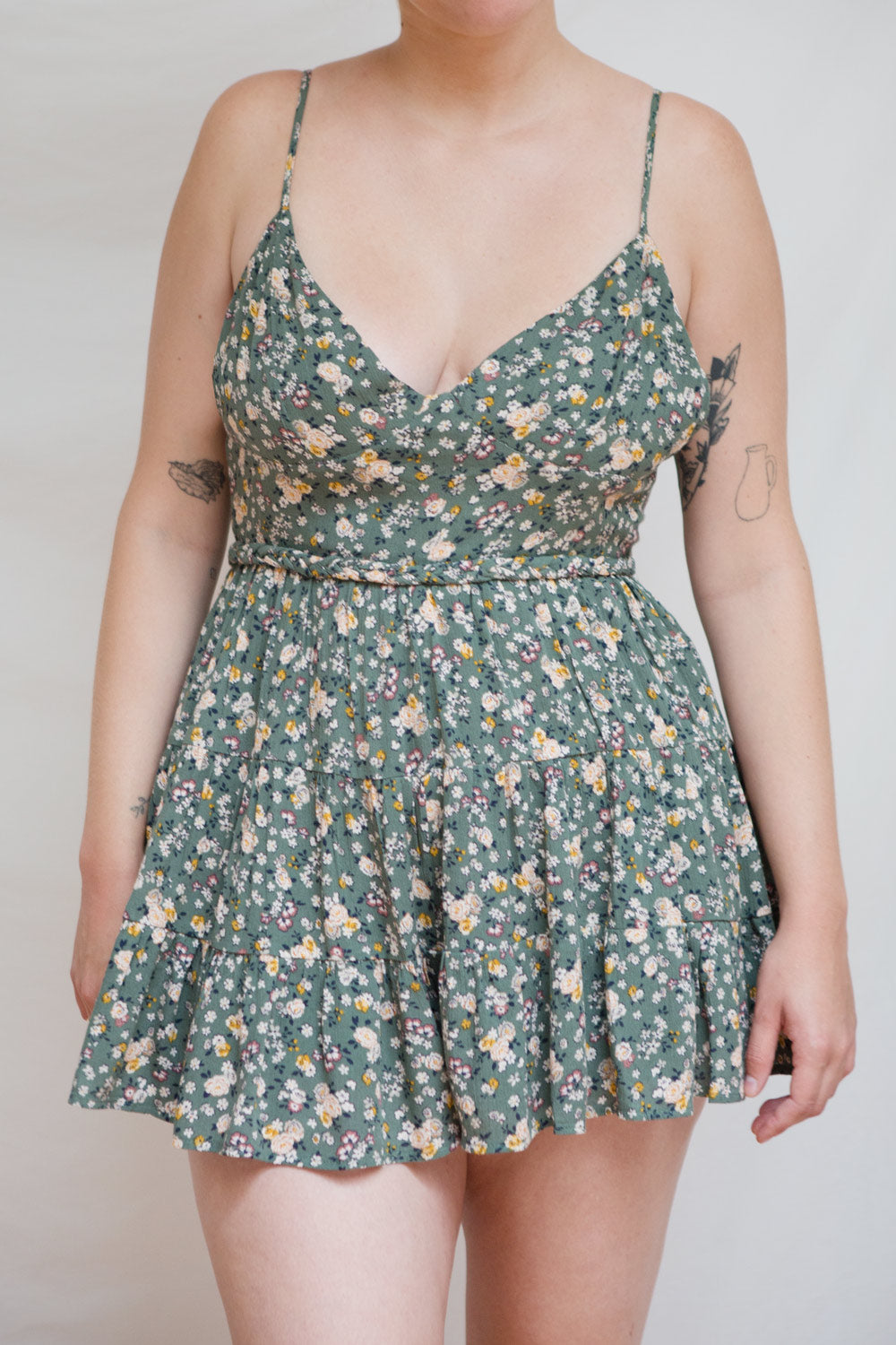 Hillevi Green Tie-Back Floral Romper w/ Ruffles | Boutique 1861 model