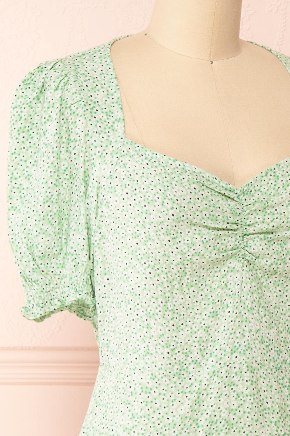 Hollbaek Green Floral Short Dress w/ Puffy Sleeves | Boutique 1861 side close-up