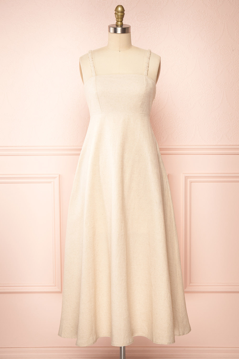 Honeyy Beige A-Line Laced Back Midi Dress | Boutique 1861 front view
