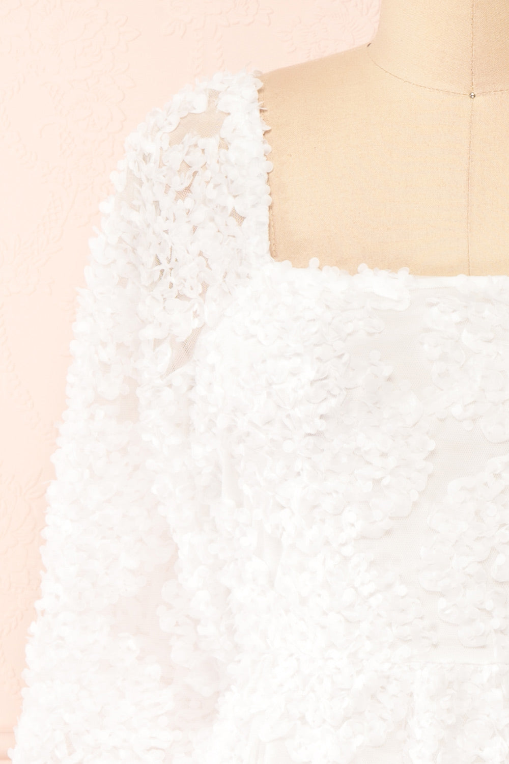 Hortensia White Short Dress w/ Floral Embroidery | Boutique 1861 front close-up