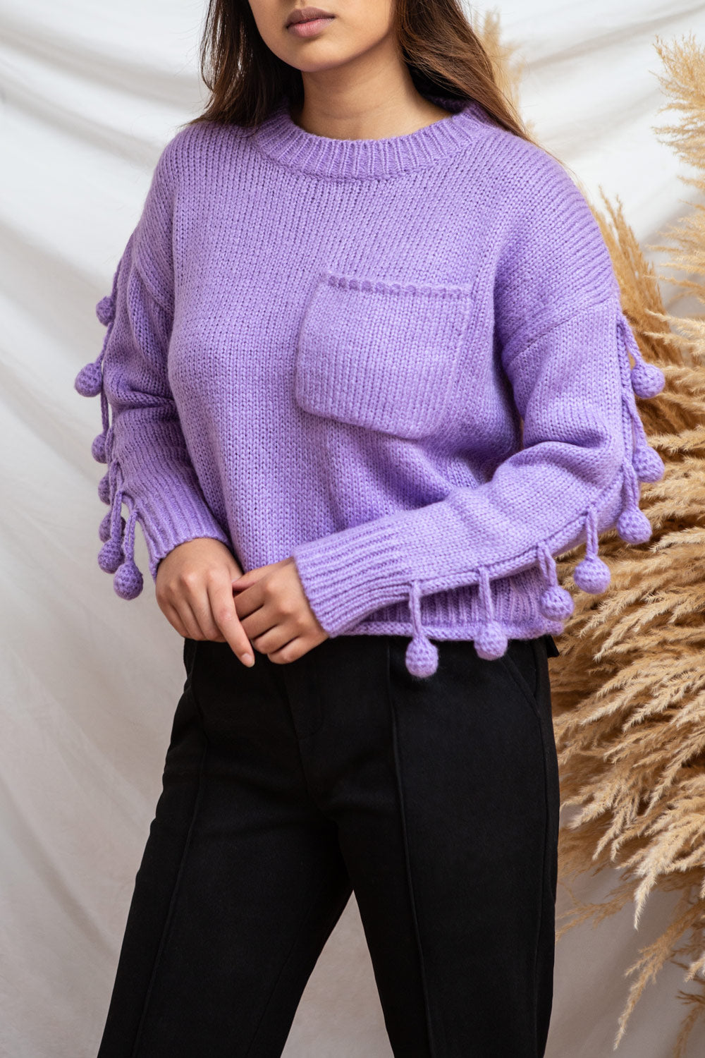 Huesca Purple Pompom Knitted Sweater | La petite garçonne model