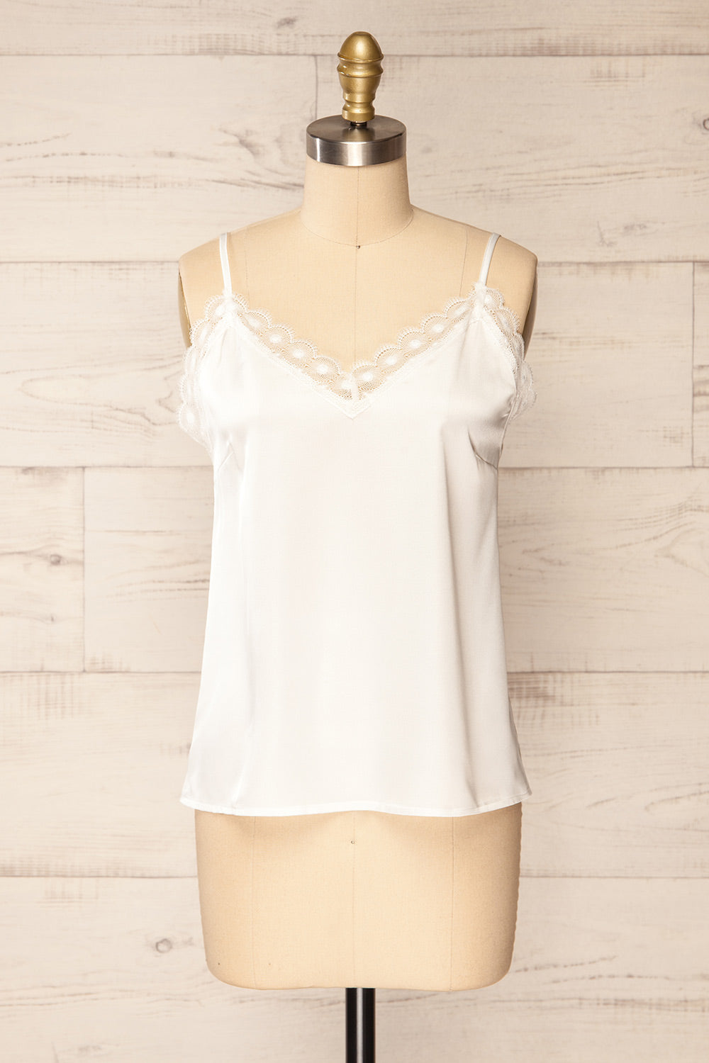 Hwasa White Satin Cami w/ Lace Trim | La petite garçonne front view