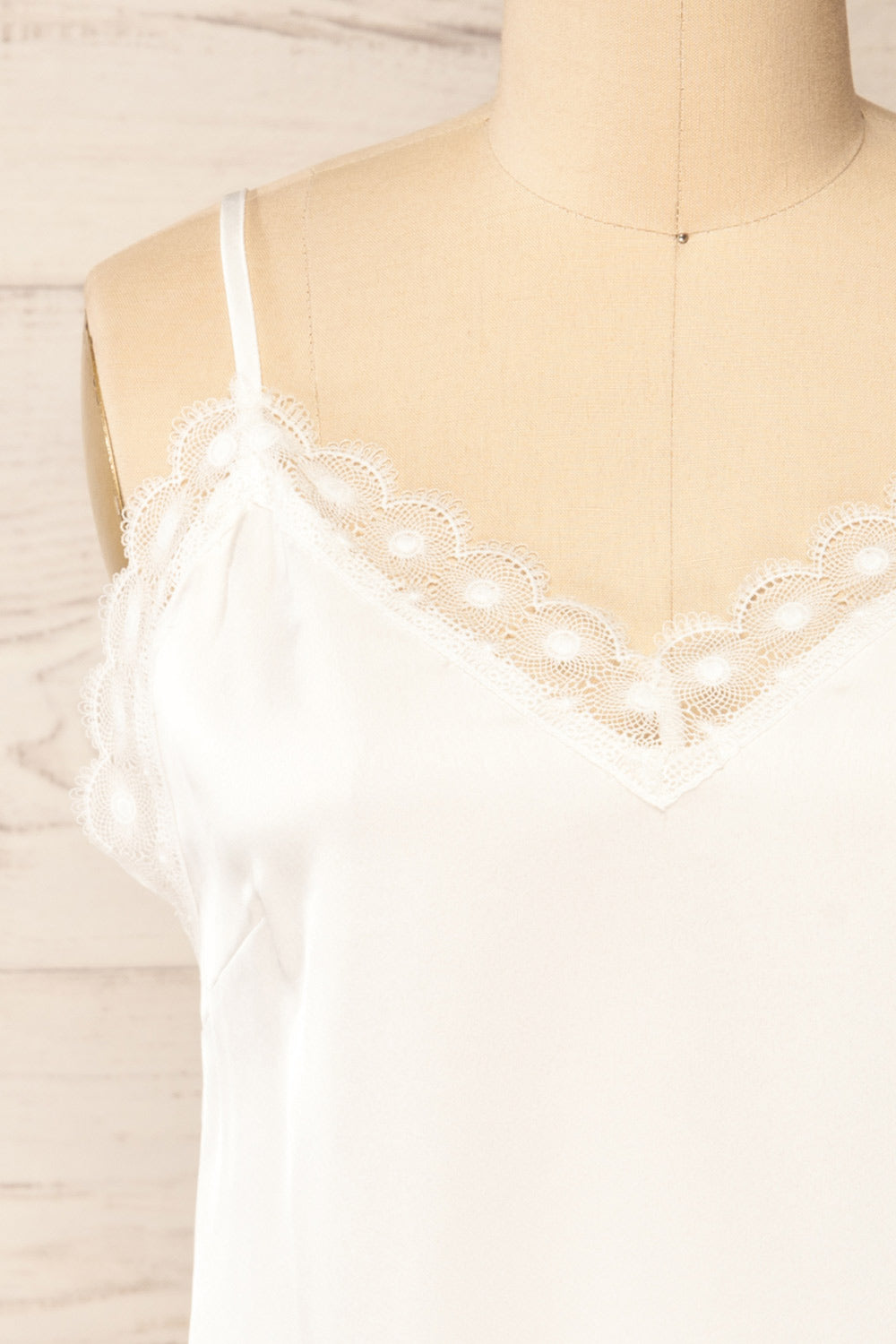 Hwasa White Satin Cami w/ Lace Trim | La petite garçonne front close-up