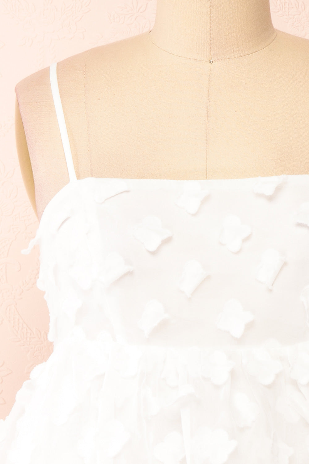 Hynd Tiered Short White Dress w/ Flowers | Boutique 1861 front close-up