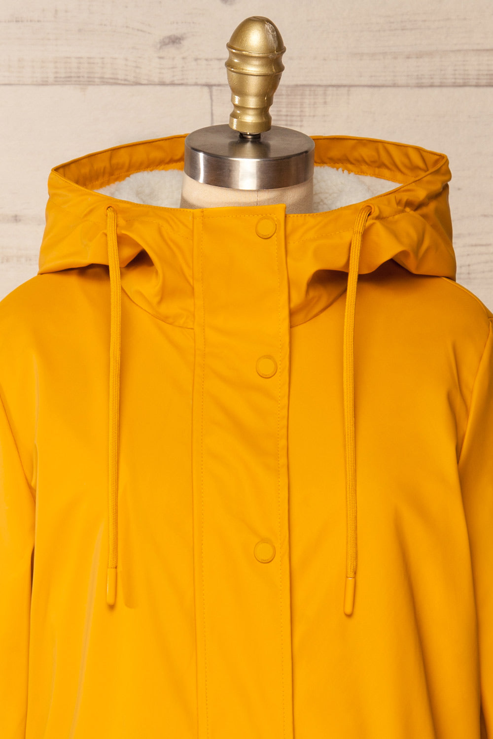 Icewind Yellow Button Up Raincoat w/ Sherpa Interior | La petite garçonne front close-up