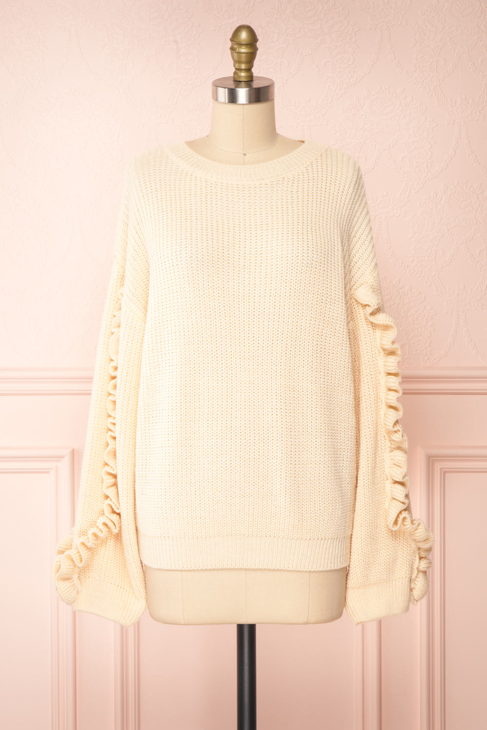 Idelle Ivory Knit Sweater w/ Frills on Sleeves | Boutique 1861 front view