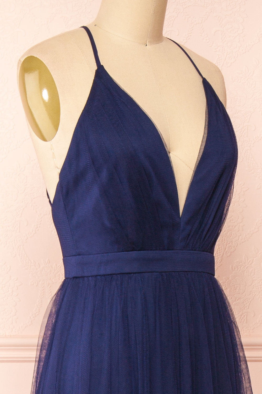 Ilaria Navy Blue Mesh Gown with Plunging Neckline | Boutique 1861 side close-up