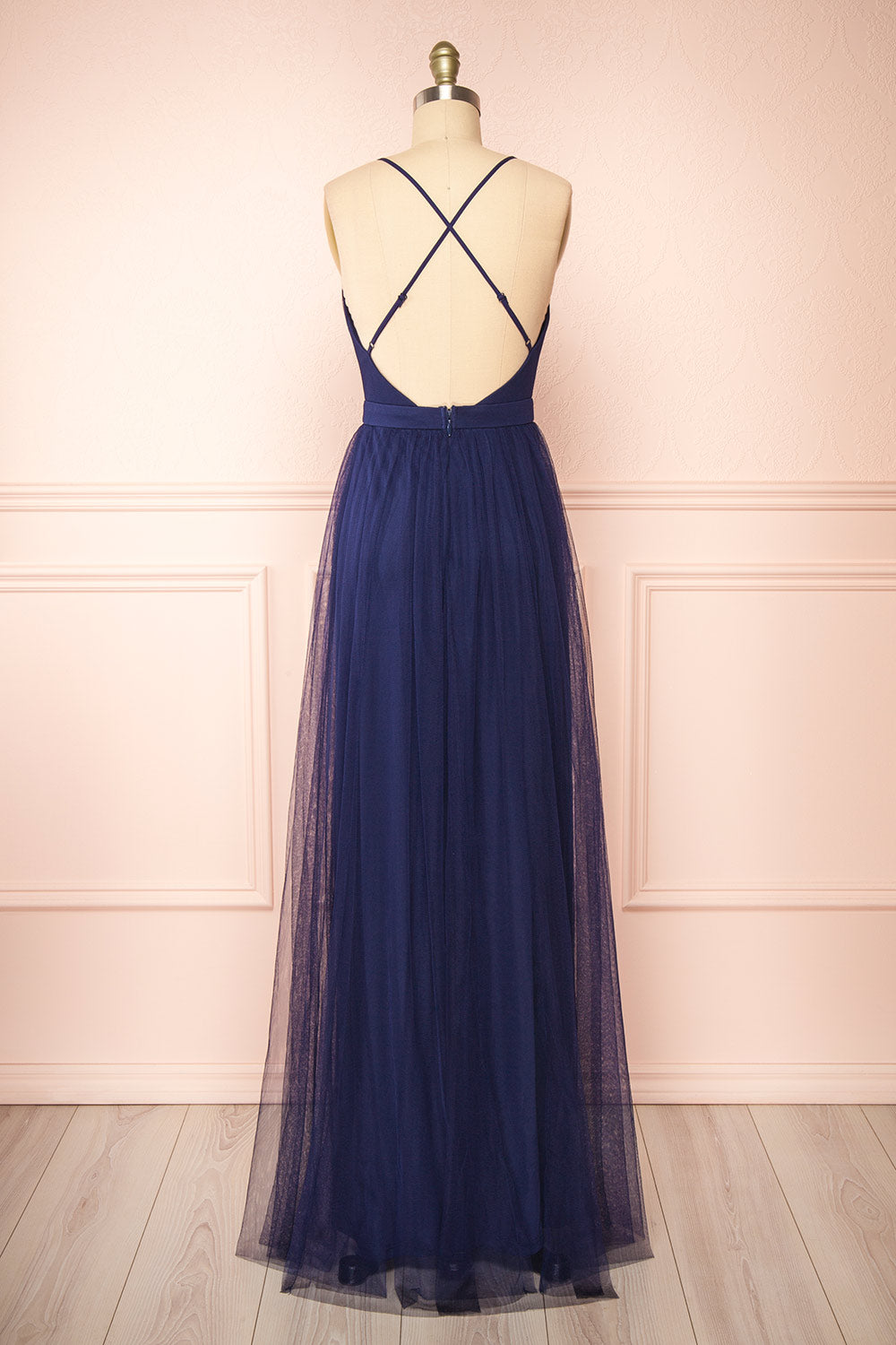 Ilaria Navy Blue Mesh Gown with Plunging Neckline | Boutique 1861 back view