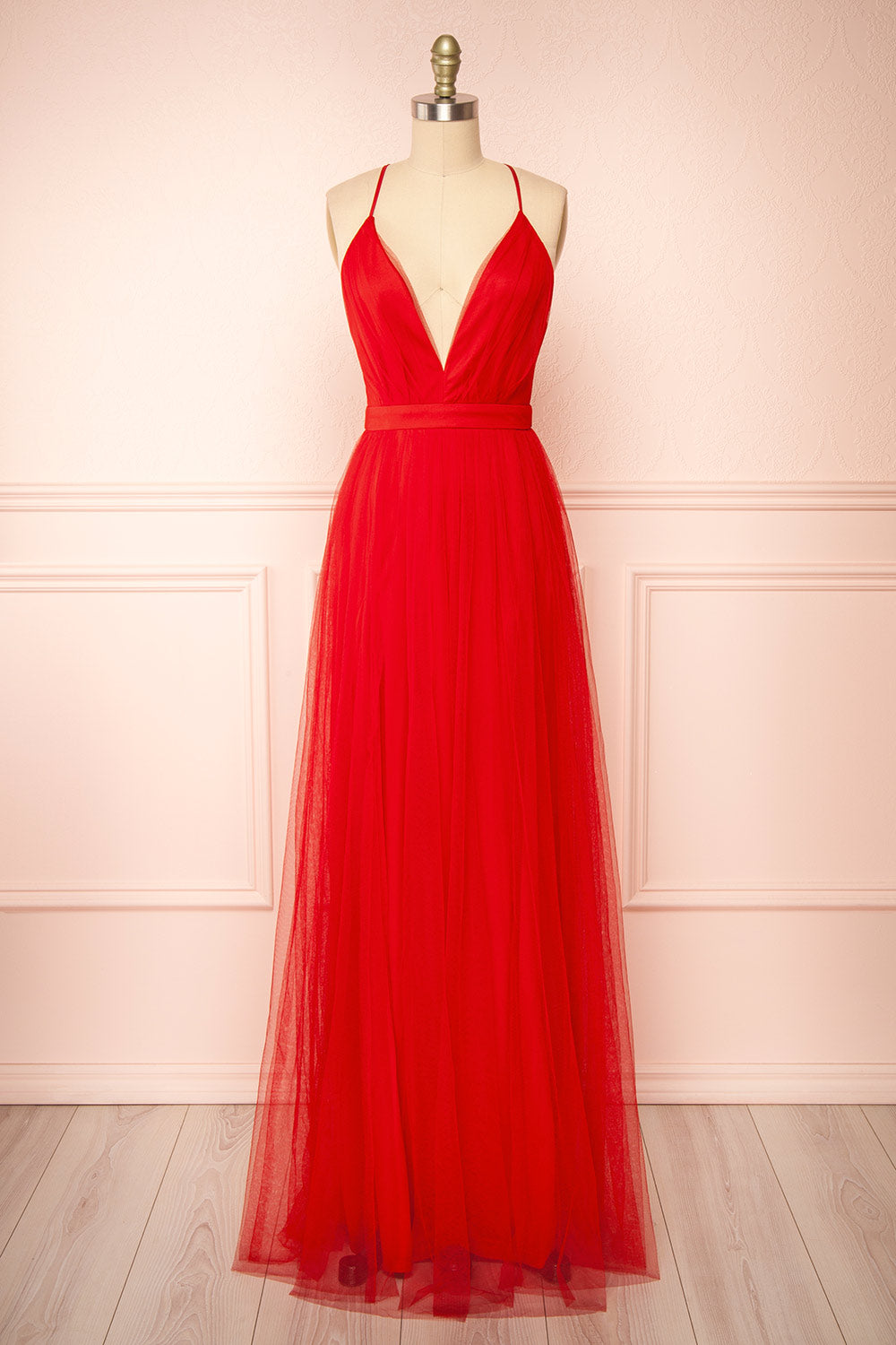 strapless open back dress Ilaria Red Mesh Gown with Plunging Neckline