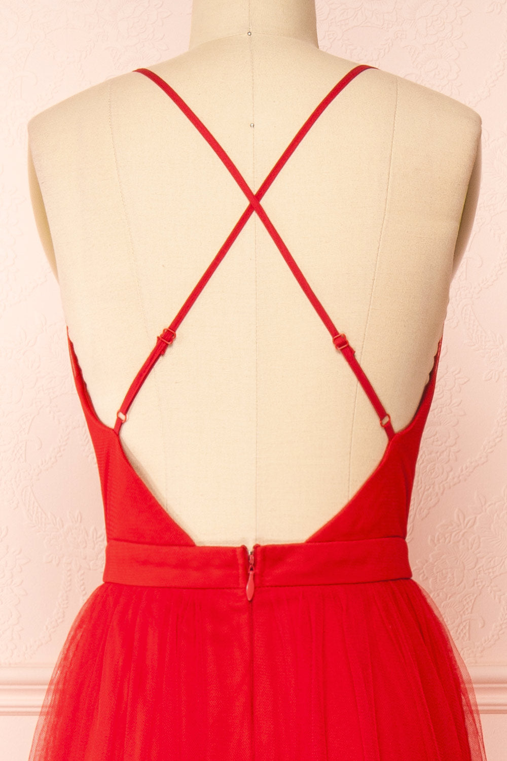 Ilaria Red Mesh Gown with Plunging Neckline | Boutique 1861 back close-up