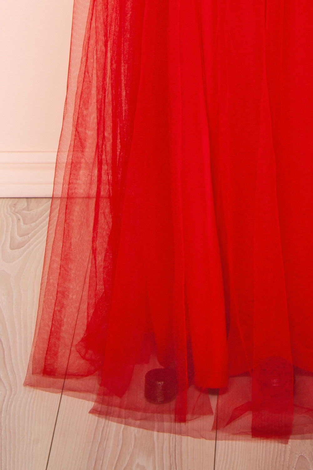 Ilaria Red Mesh Gown with Plunging Neckline | Boutique 1861 bottom
