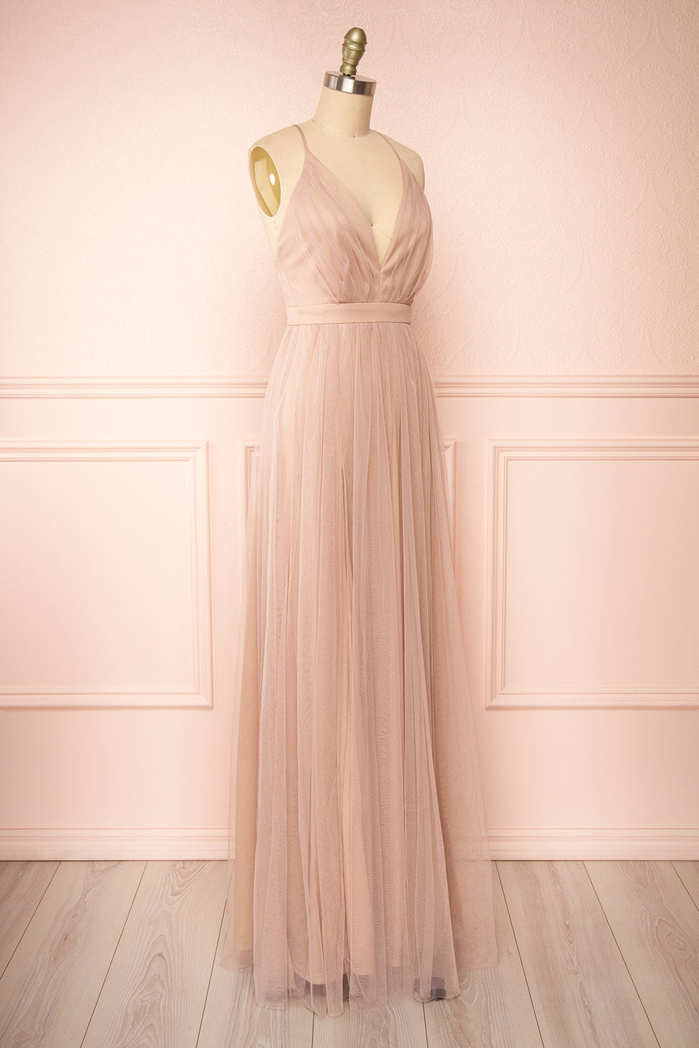 Ilaria Taupe Tulle Gown with Plunging Neckline | Boutique 1861 side view