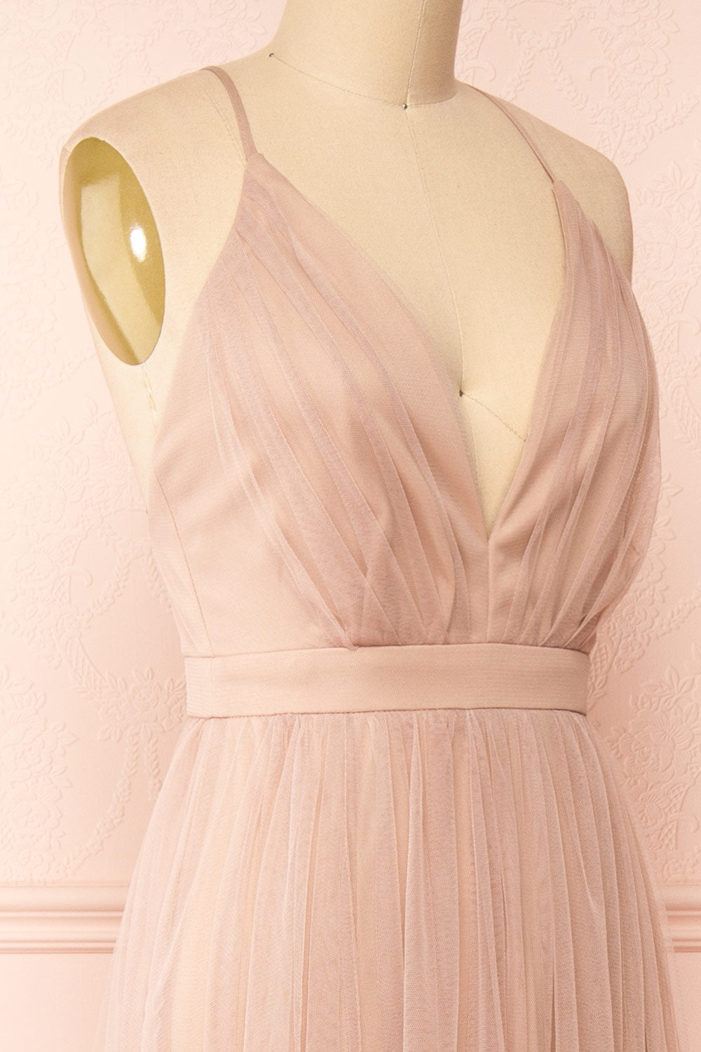 Ilaria Taupe Tulle Gown with Plunging Neckline | Boutique 1861 side close-up